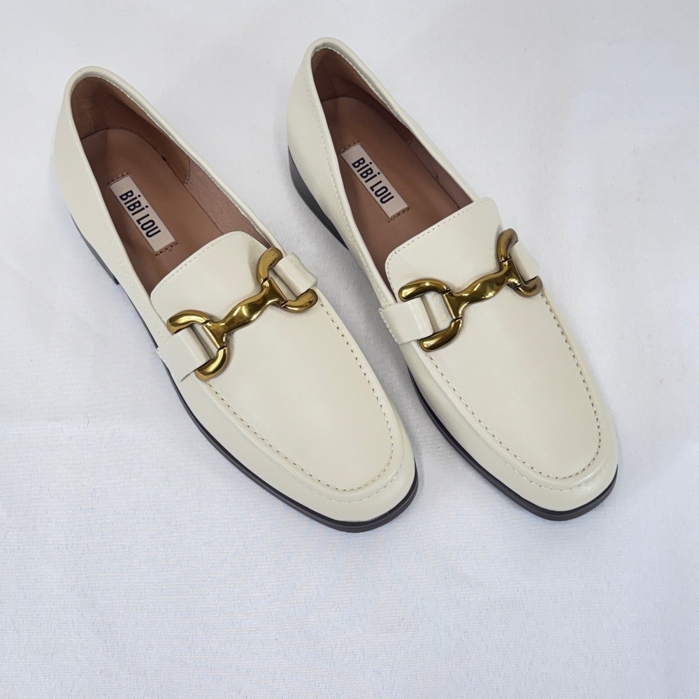 Bibi Lou Zagreb Horsebit Loafers Women Size‎ 39 Cream Gold Hardware Preppy NWOB